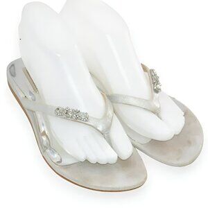Mischka Luxury Silver Foil Leather Crystal Glam Dress Thong Slides Sandals 8